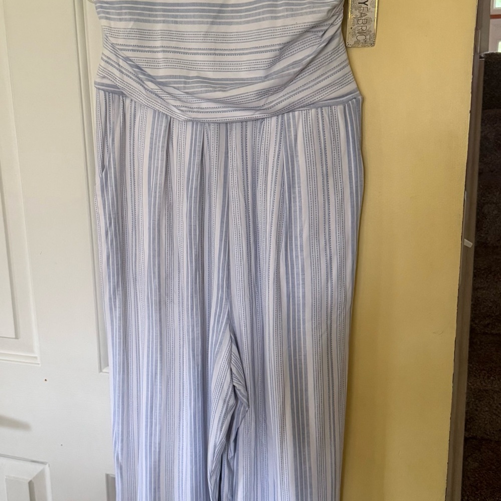 Derek Heart Blue and White Striped Wide-Leg Jumpsuit